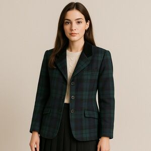 Vintage Plaid Blazer Jacket‎ Velvet Collar Size 10 Blue Green Holidays Festive